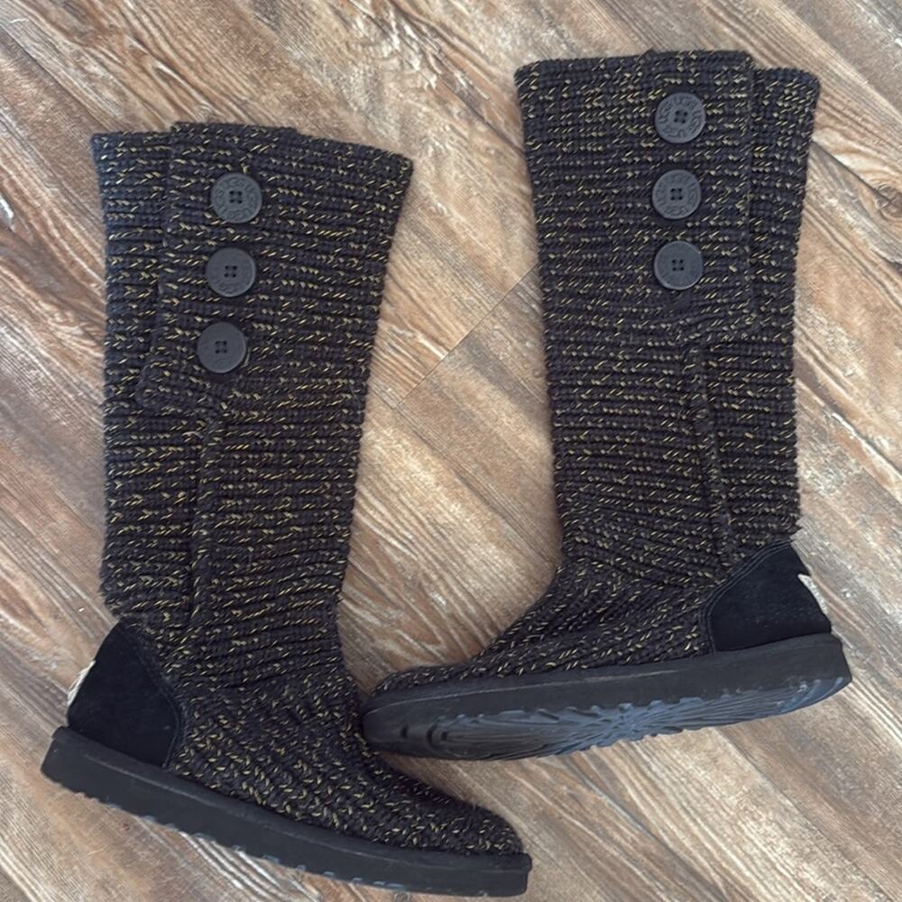 UGG cardy crochet fold over black metallic gold size 8 women’s - Picture 8 of 10